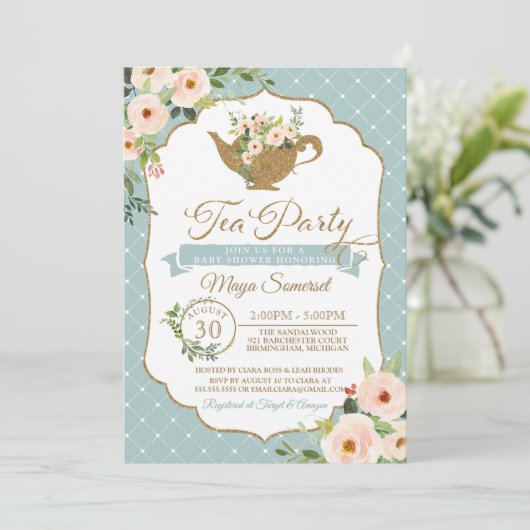 Tee-Party Türkisblau Blush Blush Bloral Baby Dusch Einladung (Stehend Vorderseite)