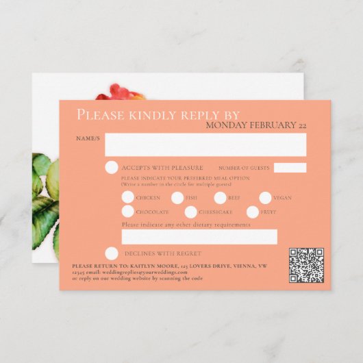 Tee Rose Aquarell Hochzeit QR-Code Mahlzeiten oran RSVP Karte (Vorne/Hinten)