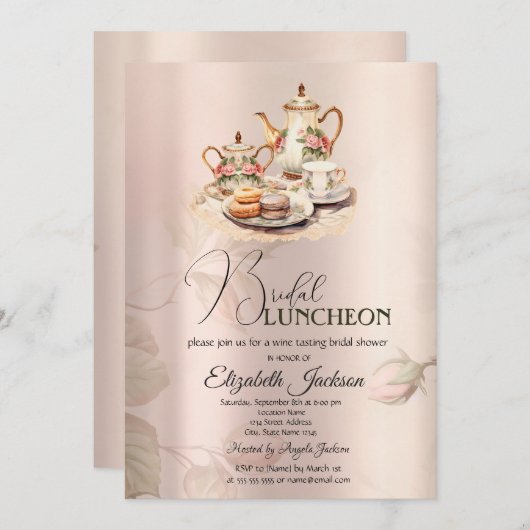 Tee Set Chic Rose Vintag Bridal Luncheon Einladung (Vorne/Hinten)
