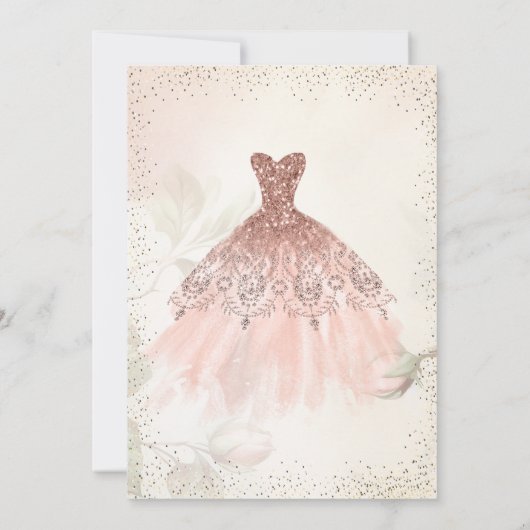 Tee Set Rose Gold Kleid Confetti Quinceañera Einladung (Rückseite)