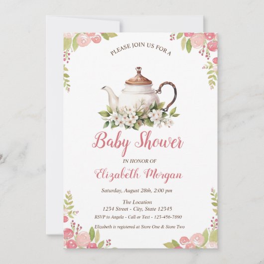 Tee-Set Wasserfarbe Rose Einladung (Vorderseite)