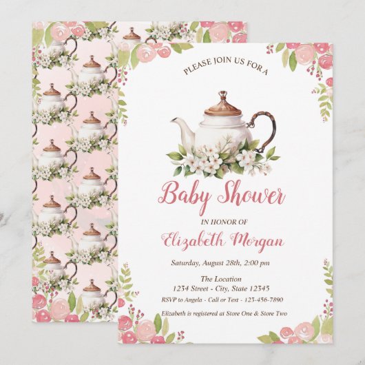 Tee-Set Wasserfarbe Rose Einladung (Vorne/Hinten)