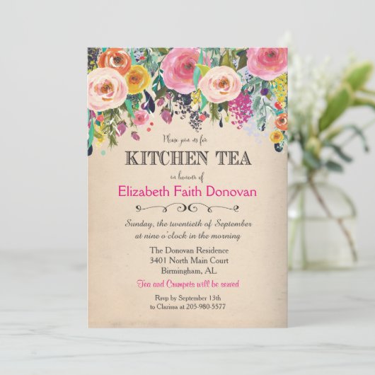 Tee Tee florale Wasserfarbe Einladung (Stehend Vorderseite)