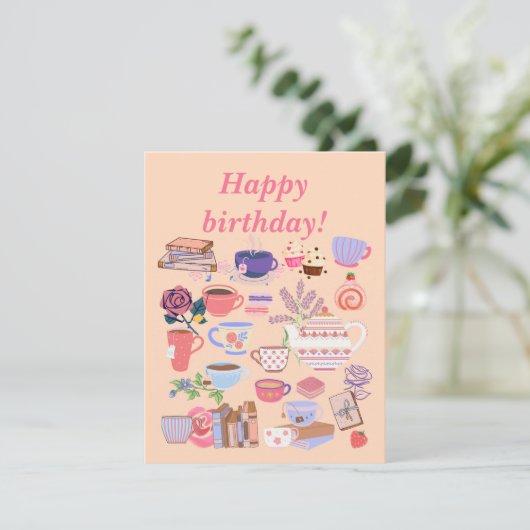 Tee und Bücher Geburtskarte (Stehend Vorderseite)