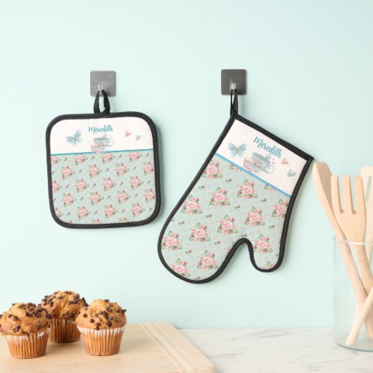 Tee und Cupcake Time Personalisiert Oven Mitt & Po Ofenhandschuh & Topflappen-Set (Insitu (Hängend))