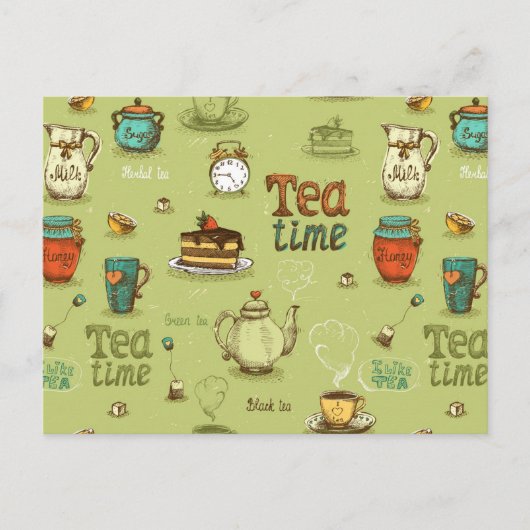 Tee und Honig Tea Time in Green Postkarte (Vorderseite)