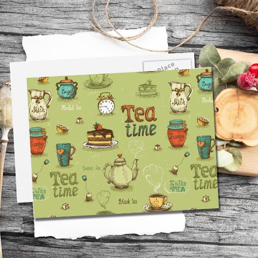 Tee und Honig Tea Time in Green Postkarte
