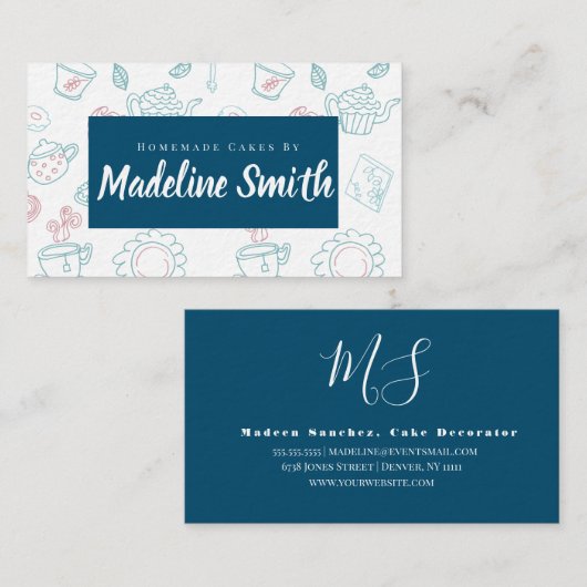 Tee und Kuchen Doodles hausgemachte Kuchen Bäckere Visitenkarte (Vorne/Hinten)
