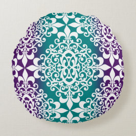 Tee und violett Ombre weißer Damast Rundes Kissen