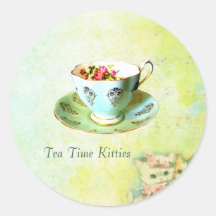Tee-Zeit-Kätzchenaufkleber Runder Aufkleber