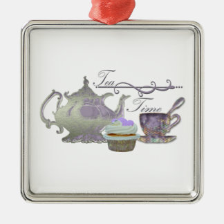 Tee-Zeit! Lila Teekanne-, Teacup-und Kuchen-Kunst Silbernes Ornament