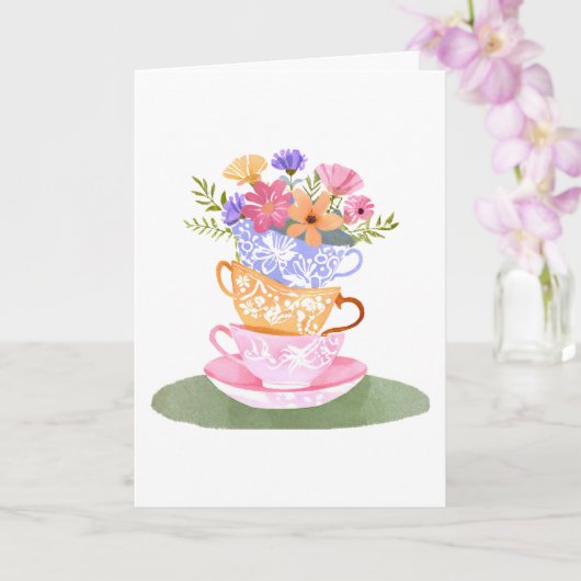 Teebecher in Pastelltönen mit Blume werden gesund Karte (Orchidee)