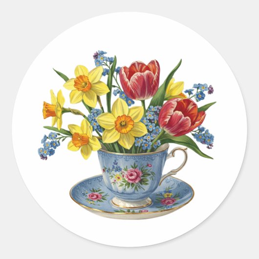 Teebecher mit Frühlingsblumen Runder Aufkleber (Vorderseite)