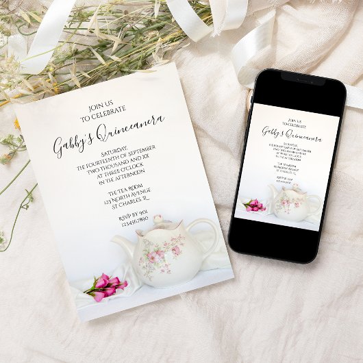 Teebecher und rosa Roses Quinceanera Party Einladung