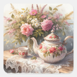 Teebeutel und Cup mit rosa Blume Aufkleber