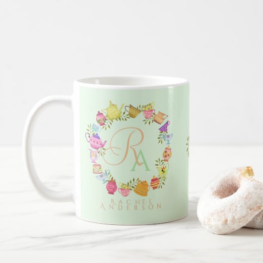 Teebeutel und Tassen Monogramm Pastell Grüne Tasse (Mit Donut)
