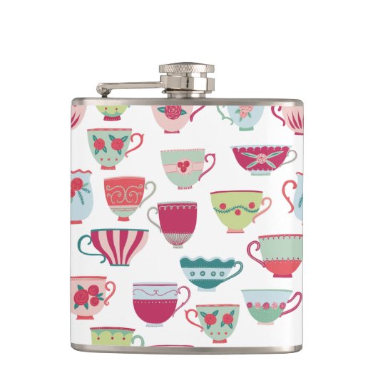 Teecup Muster Modernes Retro Flachmann (Vorderseite)