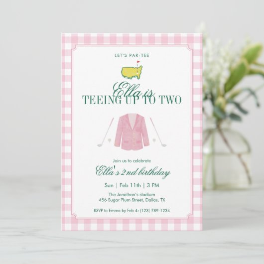 Teeing Up To Two Golf 2nd Birthday Pink Gingham Einladung (Stehend Vorderseite)