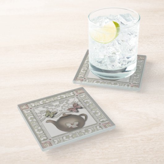 Teekanne aus Glas, beige Farben Glasuntersetzer (Schrägansicht)