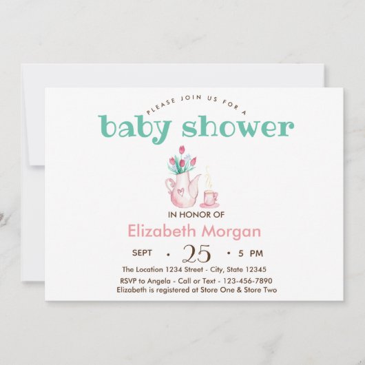 Teekanne Blume Babydusche Einladung (Vorderseite)