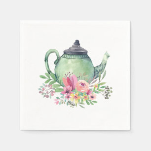 Teekanne mit grüner Wasserfarbe und Blumenkohl Serviette