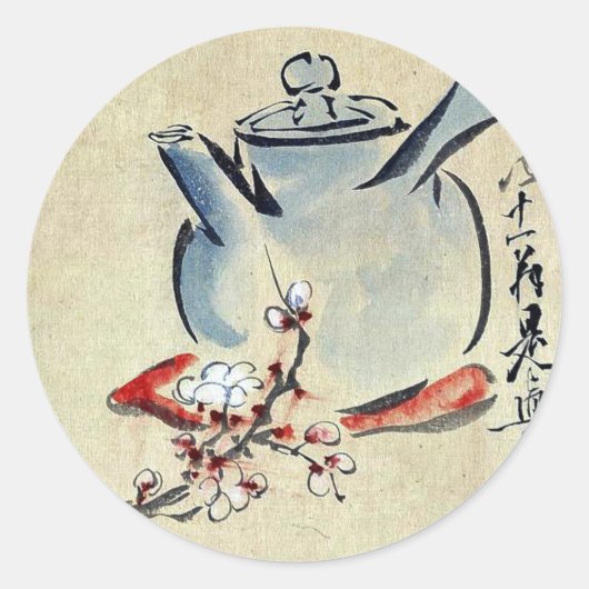 Teekanne mit Kirsche oder Pflaumenblüten Ukiyoe Runder Aufkleber (Vorderseite)