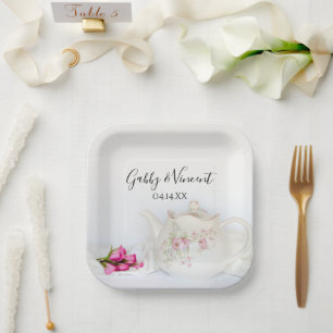 Teekanne mit rosa Rosen Hochzeit Pappteller