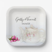 Teekanne mit rosa Rosen Hochzeit Pappteller (Vorderseite)