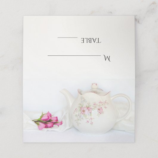 Teekanne mit rosa Rosen Hochzeit Platzkarte (Außenseite Aufgefaltet)