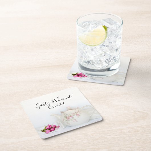 Teekanne mit rosa Rosen Hochzeit Rechteckiger Pappuntersetzer (Vor Ort)