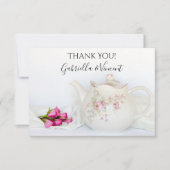 Teekanne mit rosa Rosen Hochzeit Vielen Dank Dankeskarte (Vorderseite)