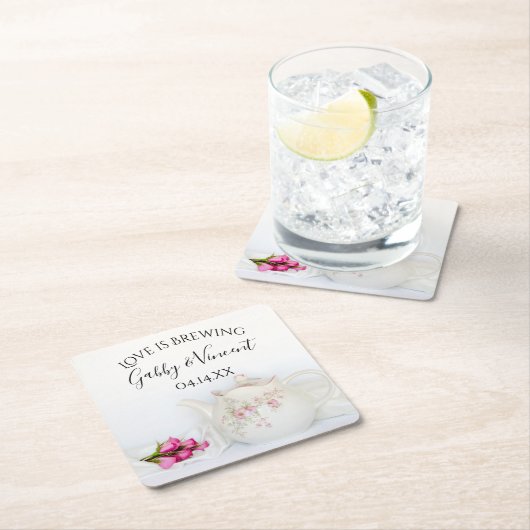 Teekanne mit rosa Rosen Hochzeitsfeier Liebe Braut Rechteckiger Pappuntersetzer (Vor Ort)