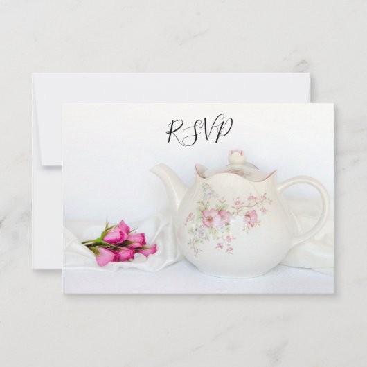 Teekanne mit rosa Rosen Hochzeitskarte für RSVP Karte (Vorderseite)