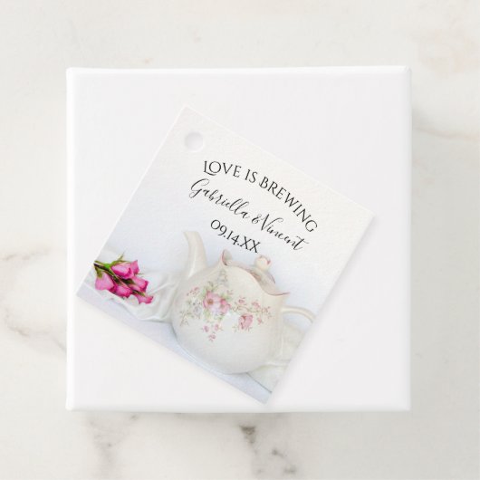 Teekanne mit rosa Rosen Liebe Brauen Hochzeit Geschenkanhänger (Beispiel)