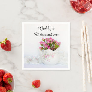 Teekanne mit rosa Rosen Quinceañera Serviette