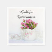 Teekanne mit rosa Rosen Quinceañera Serviette (Vorderseite)