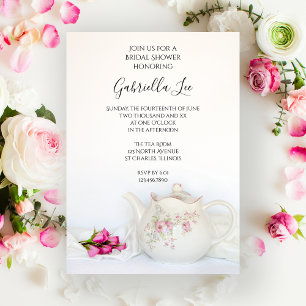 Teekanne mit rosa Rosen Tee Party Brautparty Einladung