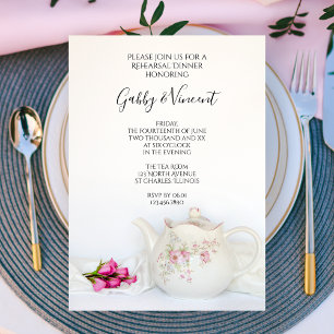 Teekanne mit rosa Rosen Tee Party Probe Abendessen Einladung