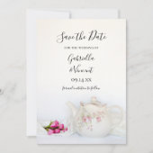 Teekanne mit rosa Rosen Tee Party Save the Date (Vorderseite)