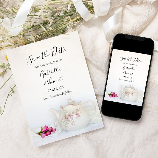 Teekanne mit rosa Rosen Tee Party Save the Date