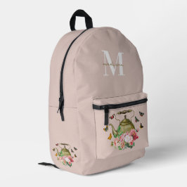 Teekanne Party Pink Floral & Butterfett Monogramm Bedruckter Rucksack