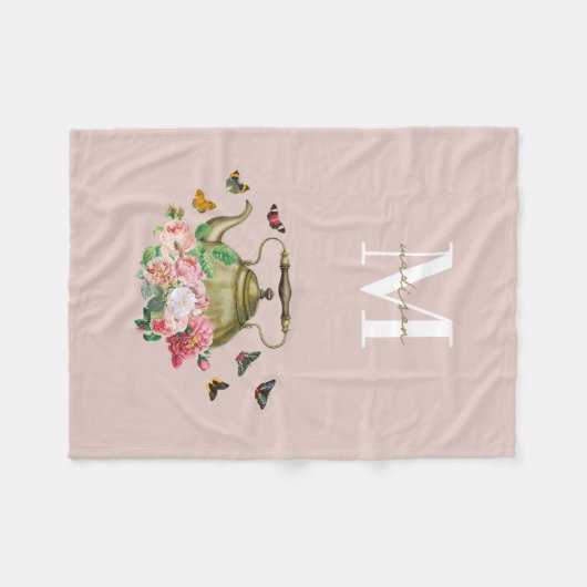 Teekanne Party Pink Floral & Butterfett Monogramm Fleecedecke (Vorderseite (Horizontal))