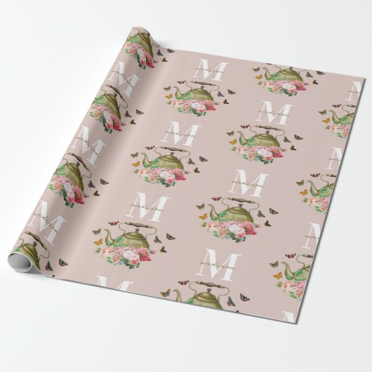 Teekanne Party Pink Floral & Butterfett Monogramm Geschenkpapier (Ungerollt)