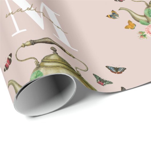 Teekanne Party Pink Floral & Butterfett Monogramm Geschenkpapier (Rolleneckpunkt)