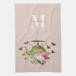 Teekanne Party Pink Floral & Butterfett Monogramm Geschirrtuch