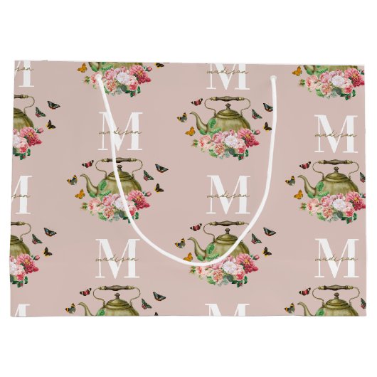 Teekanne Party Pink Floral & Butterfett Monogramm Große Geschenktüte (Rückseite)