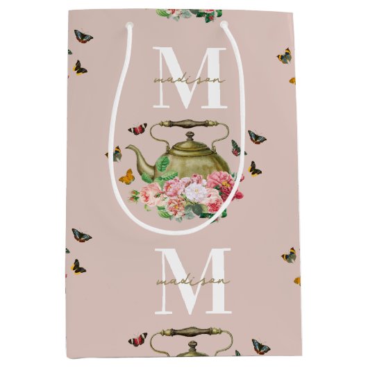 Teekanne Party Pink Floral & Butterfett Monogramm Mittlere Geschenktüte (Vorderseite)
