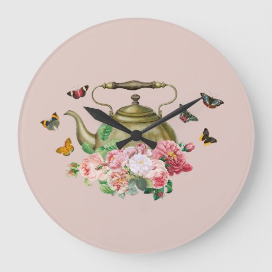 Teekanne Party Pink Floral & Schmetterlinge Küche Große Wanduhr (Vorderseite)
