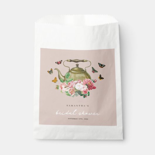 Teekanne Party Rosa Blumenschmetterlinge Brautpart Geschenktütchen (Vorderseite)