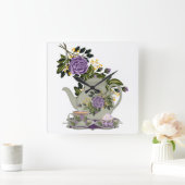 Teekanne, Rose, Kuchen, Teeküche Quadratische Wanduhr (Zuhause)